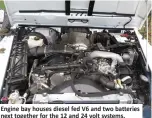  ??  ?? Engine bay houses diesel fed V6 and two batteries next together for the 12 and 24 volt systems.