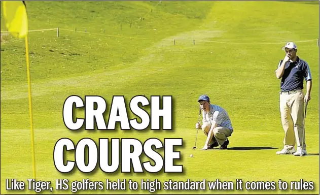  ?? Photos by Christie M. Farriella and Reuters ?? High school golfers like Brian McGowan of St. Francis Prep (l.) and Michael Tammaro of Archbishop Molloy need to know the rules of the game as much as pros like Tiger Woods do. But there are so many that coaches like Bill Niklaus (below) don’t have...