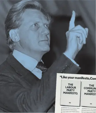  ??  ?? Tory golden boy: Michael Heseltine on the campaign trail. Inset: A Conservati­ve leaflet from the 1983 election