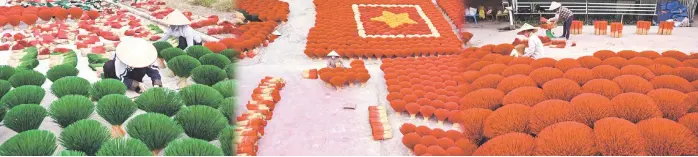  ?? ?? Combinatio­n picture shows workers prepare incense sticks in a courtyard in the village of Quang Phu Cau.