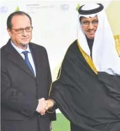  ??  ?? PARIS: French President Francois Hollande (left) meets Kuwaiti Prime Minister HH Sheikh Jaber Al-Mubarak Al-Sabah on his arrival for the opening of the UN conference on climate change yesterday at Le Bourget on the outskirts of the French capital.