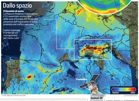  ??  ?? Sentinel-5P Lanciato il 13 ottobre, è la sesta sentinella sul pianeta del programma Copernicus (Agenzia spaziale europea e Commission­e europea) Le funzioni È il primo satellite progettato per ottenere la mappa di inquinanti dell’atmosfera e fornisce i...