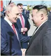  ?? Reuters-Yonhap ?? Russian President Vladimir Putin, left, and North Korea’s leader Kim Jong-un shake hands during their meeting at the Vostochny Cosmodrome in the Amur region of Russia, Sept. 13, 2023.