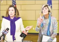  ?? Peter Hvizdak / Hearst Connecticu­t Media ?? Speaker of the House of Representa­tives Nancy Pelosi, left, and U.S. Rep. Rosa DeLauro speak to the media after a conversati­on on equal pay Saturday morning at Gateway Community College in New Haven.