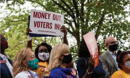  ??  ?? ‘Democracy is on the line and this is an all hands on deck moment to fight back,,’ said Austin Evers. Photograph: Allison Bailey/Rex/ Shuttersto­ck