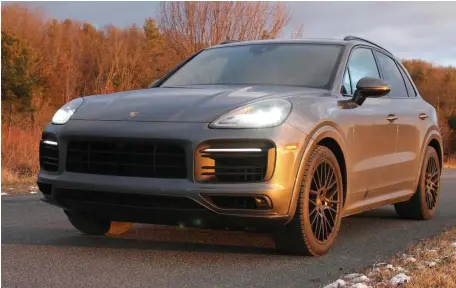  ?? MARC GRASSO PHOTOS / BOSTON HERALD ?? The Porsche Cayenne GTS comes at you with a 4.0-liter twin turbo V8 engine producing a snarling 453 horsepower with a signature sound, plus a smooth and powerful ride, and extras galore.