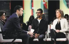  ?? Michael Macor / The Chronicle ?? Kara Swisher (left) and Ari Melber interview Google CEO Sundar Pichai and YouTube CEO Susan Wojcicki in S.F.