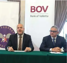  ??  ?? Dr David Farrugia Sacco, MTF president, left, and Mr Charles Azzopardi, Executive PR & Marketing at Bank of Valletta, during the news conference