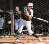  ?? Lori Van Buren / Times Union ?? Troy's Olivia Decitise hits a single against Bethlehem earlier this season. Decitise is hitting .409 with 18 RBIS this season.