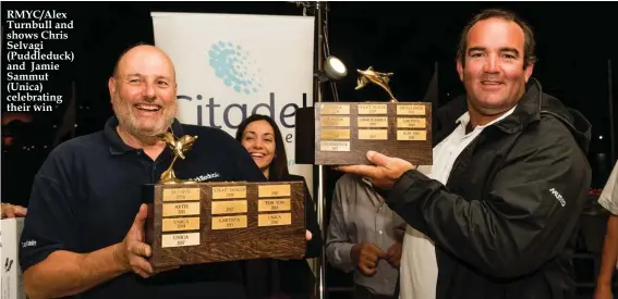  ??  ?? RMYC/Alex Turnbull and shows Chris Selvagi (Puddleduck) and Jamie Sammut (Unica) celebratin­g their win