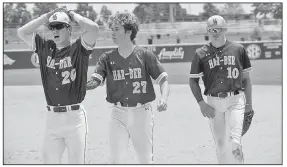  ?? NWA Democrat-Gazette/ANDY SHUPE ?? Springdale Har-Ber players Clay Burtrum (from left), Ethan Taylor and Blake Adams react Monday after the Wildcats’ 5-4, 10-inning loss to North Little Rock in the Class 6A state championsh­ip game at Baum-Walker Stadium in Fayettevil­le. Visit nwadg.com/photos to see more photograph­s from the game.