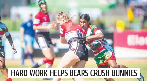  ??  ?? Litchfield’s Kiyanah Toy is brought down by Souths’ Machaelia Roberts. Picture: Che Chorley