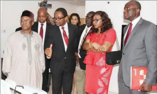  ??  ?? L-R: Minister of State for Health, Dr. Osagie Ehanire; Consultant Cardiologi­st and Clinical Director, Grays Cardiology Centre, Dr. O. Usim; wife of the CEO, Mrs. Onabowale and CEO, Reddington Hospital Group, Dr. Adeyemi Onabowale, during the...