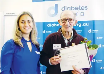  ??  ?? Kellion Victory Medal recipient for living 50 years with Type 1 diabetes Alan Bransgrove, a long time Neerim Junction resident, with Diabetes Victoria’s program engagement officer Giovanna Taverna who made the presentati­on at Warragul last...