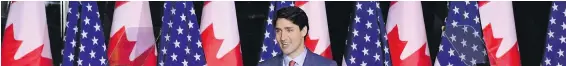  ??  ?? Prime Minister Justin Trudeau speaks at the Ronald Reagan presidenti­al library Friday night in Simi Valley, California.