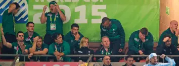  ??  ?? Injured or unselected Ireland players including Isaac Boss, Jonathan Sexton, Darren Cave, Sean Cronin, Mike McCarthy, Sean O’Brien, Simon Zebo, Tadhg Furlong, Peter O’Mahony and Paul O’Connell look on as Argentina score a try during the 2015 World Cup quarter-final defeat