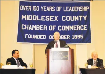  ?? Contribute­d photo ?? The late U.S. Sen. John McCain appeared at a Middlesex County Chamber of Commerce luncheon in 2015 to discuss his book “Thirteen Soldiers,” and to reflect on his long career of public service to this nation. From left are past chairman Richard Carella, McCain and Chamber President Larry McHugh.
