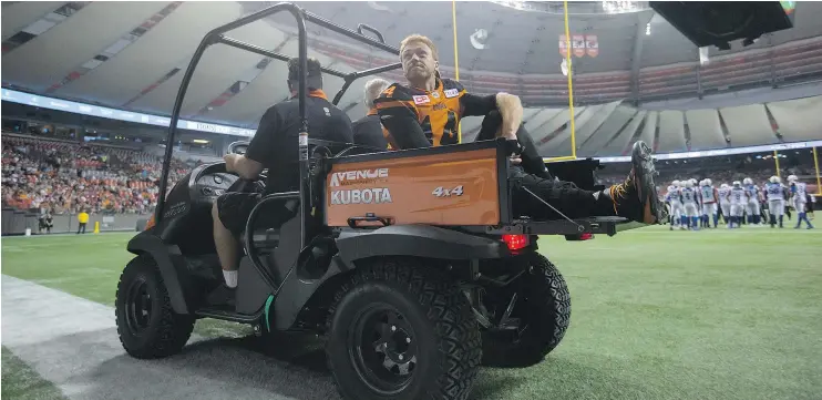  ?? —CPFILES ?? Is it the end of the ride for Lions quarterbac­k Travis Lulay, injured in a game last September? We won’t know until his rehab from knee surgery progresses.