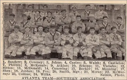  ?? CHRIS LILLSTRUNG — THE NEWS-HERALD ?? The Atlanta Crackers are featured in the 1910 Spalding baseball guide. Tommy Atkins is marked as second row, third from the left.
