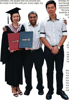  ??  ?? Best Student Prize in Academic recipient Loo Hoey Theen (left) with her husband David Koay (right) and Prof Sanjaya Singh Gaur at the MBA Presentati­on Ceremony and Alumni Gathering.