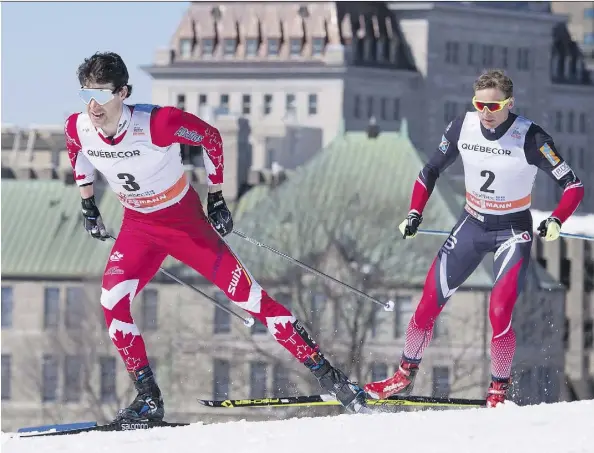  ?? JACQUES BOISSINOT/THE CANADIAN PRESS ?? Canada’s Alex Harvey, left, and Niklas Dyrhaug of Norway race in the men’s World Cup 15-kilometre freestyle pursuit Sunday in Quebec City. Harvey finished just ahead of Dyrhaug for silver. Johannes Hoesflot Klaebo of Norway won gold.