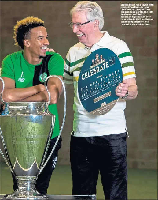  ??  ?? Scott Sinclair has a laugh with Lisbon Lions legends John Clark and Jim Craig as they prepare to celebrate the 50th anniversar­y of their 2-1 European Cup triumph over Inter Milan in 1967, and below, celebratin­g another Celtic goal with Moussa Dembele