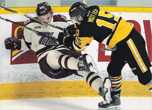  ?? CLIFFORD SKARSTEDT EXAMINER ?? Peterborou­gh Petes' John Parker-Jones is levelled by Hamilton Bulldogs' Navrin Mutter during the first period of OHL action Thursday at the Peterborou­gh Memorial Centre.