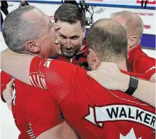  ?? FRANK GUNN THE CANADIAN PRESS ?? Team Canada skip Brad Gushue, second from left, celebrates defeating Team Manitoba with teammates EJ Harnden, left, Geoff Walker and Mark Nichols, right, in the finals of the 2023 Tim Hortons Brier Sunday night.