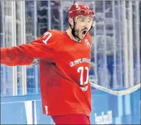 ?? AP PHOTO/MATT SLOCUM, FILE ?? In this Feb. 17, 2018, photo, Russia’s Ilya Kovalchuk (71) celebrates after scoring a goal during the second period of the preliminar­y round of the men’s hockey game at the 2018 Winter Olympics in Gangneung, South Korea. Kovalchuk has agreed to a...