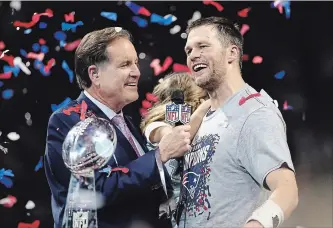  ?? JAMIE SQUIRE
GETTY IMAGES ?? Jim Nantz interviews Tom Brady after the Patriots defeated the Los Angeles Rams 13-3 at Super Bowl LIII. This week, Nantz is in the broadcast booth with Nick Faldo at the Pebble Beach Pro-Am.