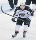  ?? GERRY KAHRMANN/ PNG ?? Winger Jackson Houck of the Giants celebrates after scoring his third goal Friday against the Kelowna Rockets.