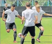  ?? AP ?? Germany players train on Wednesday ahead of their quarterfin­al match in Kolkata.