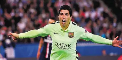  ?? AFP ?? Flying high Barcelona’s Uruguayan forward Luis Suarez celebrates after scoring during the Uefa Champions League quarter-final first leg match against PSG at the Parc des Princes stadium in Paris on Wednesday.