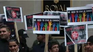  ?? STEVE RUSSELL/TORONTO STAR FILE PHOTO ?? Roma protesters march outside the Royal York Hotel last November, where former immigratio­n minister Jason Kenney was receiving an honorary degree. They were protesting against new Canadian government regulation­s that designated Hungary a “safe country”...