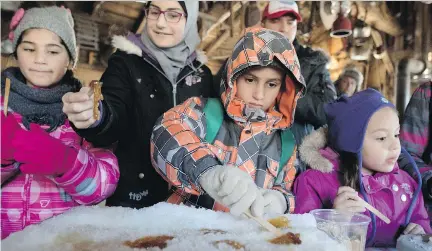  ?? ALLEN MCINNIS ?? Syrian refugees try their first taffy on snow at the Cabane à sucre Paquette on Saturday. The outing was arranged by the Centre Social d’aide aux immigrants. The federal government is working to equip the refugees to succeed in Canada, Immigratio­n Minister John McCallum says.