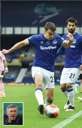  ?? REUTERS ?? Seamus Coleman, in action for Everton against Leicester City last week, has praised the influence of Carlo Ancelotti (inset) at Goodison Park