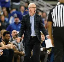  ?? Rebecca S. Gratz/Associated Press ?? UConn coach Dan Hurley disputes a foul called on his team against Creighton during the first half on Saturday in Omaha, Neb.