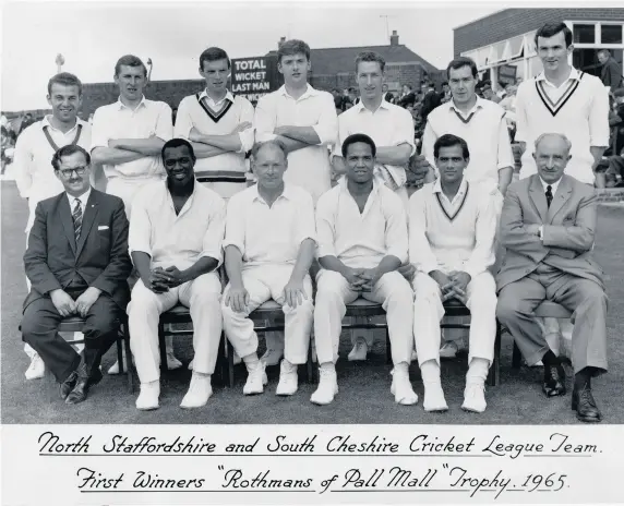  ??  ?? WINNERS: The North Staffs and South Cheshire League team. Back row: Paul Shardlow, Brian Griffiths, Gerry Hardstaff, Peter Harvey, John Broad, Barry Coates, Stuart Wood. Front row: Doug Scholfield (secretary), Wes Hall, Dennis Cox, Gary Sobers, Nasim-ul-ghani, JEV Toney (chairman).