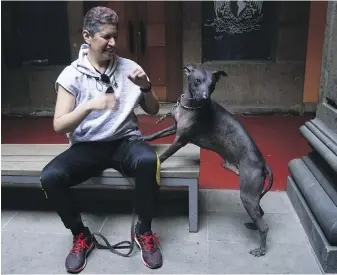  ?? MARCO UGARTE, THE ASSOCIATED PRESS ?? Nemiliz Gutiérrez Arroyo sits next to Xoloitzcui­ntle breed dog Mezcal during a news conference about the Xoloitzcui­ntle in art in Mexico City.