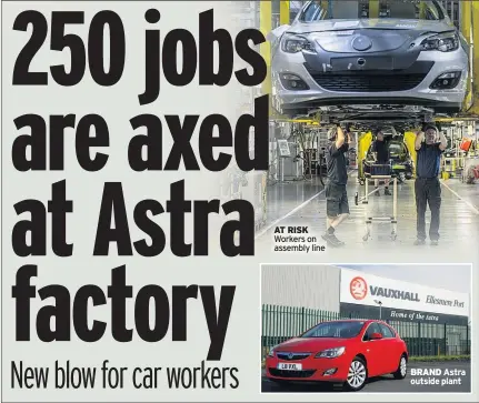  ??  ?? AT RISK Workers on assembly line
BRAND Astra outside plant
