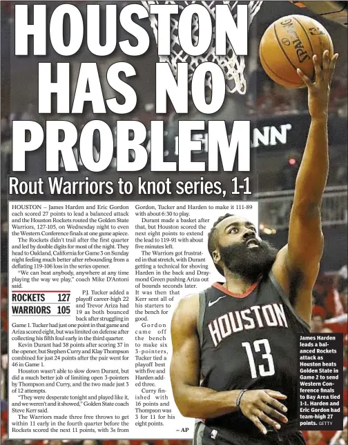  ?? GETTY ?? James Harden leads a balanced Rockets attack as Houston beats Golden State in Game 2 to send Western Conference finals to Bay Area tied 1-1. Harden and Eric Gordon had team-high 27 points.