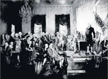  ?? LIBRARY OF CONGRESS/AP ?? George Washington presides at the signing of the U.S. Constituti­on in Philadelph­ia on Sept. 17, 1787.