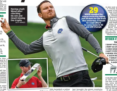  ?? GETTY IMAGES ?? Having a ball: Wood after clinching his win and (inset) kissing the trophy