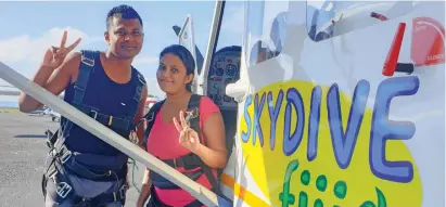  ??  ?? From left: Salesh Chand and Moreesha Sasarana ready for sky diving in Suva recently.