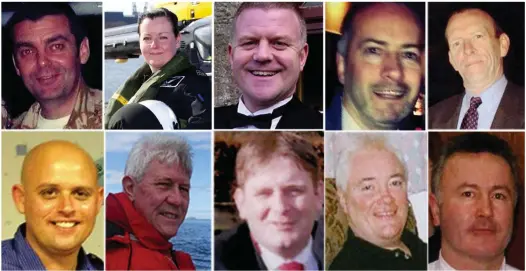  ??  ?? Victims: Ten people – including the three crew members – died when the Police Scotland helicopter crashed into the roof of the Clutha Vaults pub in Glasgow. They were, top row from left, Captain David Traill, PC Kirsty Nelis, PC Tony Collins, Gary Arthur, Samuel McGhee. Bottom row from left, Colin Gibson, Robert Jenkins, Mark O’Prey, John McGarrigle and Joe Cusker
