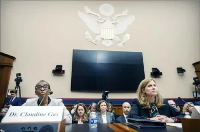  ?? Mark Schiefelbe­in/Associated Press ?? Harvard President Claudine Gay, left, speaks as University of Pennsylvan­ia President Liz Magill listens during a hearing of the House Committee on Education on Capitol Hill, Tuesday, in Washington.