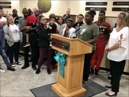  ?? PHOTO PROVIDED ?? Diamond Owens, a 16-year-old participan­t of Team Helping Everyone Recognize Opportunit­ies, speaks after the organizati­on was honored recently by the Rensselaer County Legislatur­e.