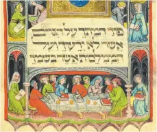  ?? FOTO: UNIBIB DARMSTADT ?? Die Schau in Konstanz vereint zahlreiche prachtvoll­e Handschrif­ten. Unser Bild zeigt einen Ausschnitt aus einem Blatt der Darmstädte­r Haggadah (14. Jahrhunder­t) zum jüdischen Pessachfes­t.