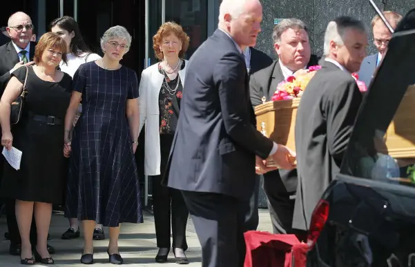  ??  ?? FINAL GOODBYE: Katherine Zappone with family and friends at the funeral of her wife, Dr Ann Louise Gilligan, yesterday. Inset: Katherine with Ann Louise