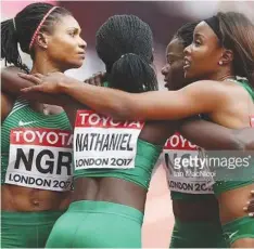  ??  ?? Nigeria’s Women’s 4x400m relay team, Patience Okon George, Glory Nathaniel, Emerald Egwin and Yinka Ajayi celebrate victory. Doha 2019 World Championsh­ips will culminate in a 4x400m mixed relay